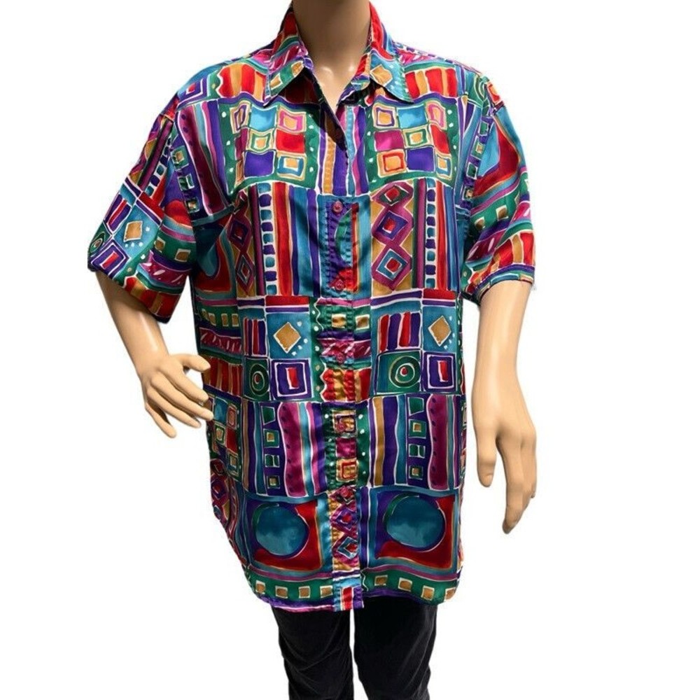 Vintage K Arnold Multicolor Geometric Abstract Button Up Shirt Blouse Large